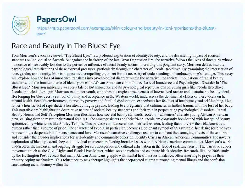 Essay on Race and Beauty in The Bluest Eye