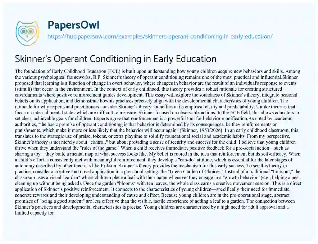 Essay on Skinner’s Operant Conditioning in Early Education