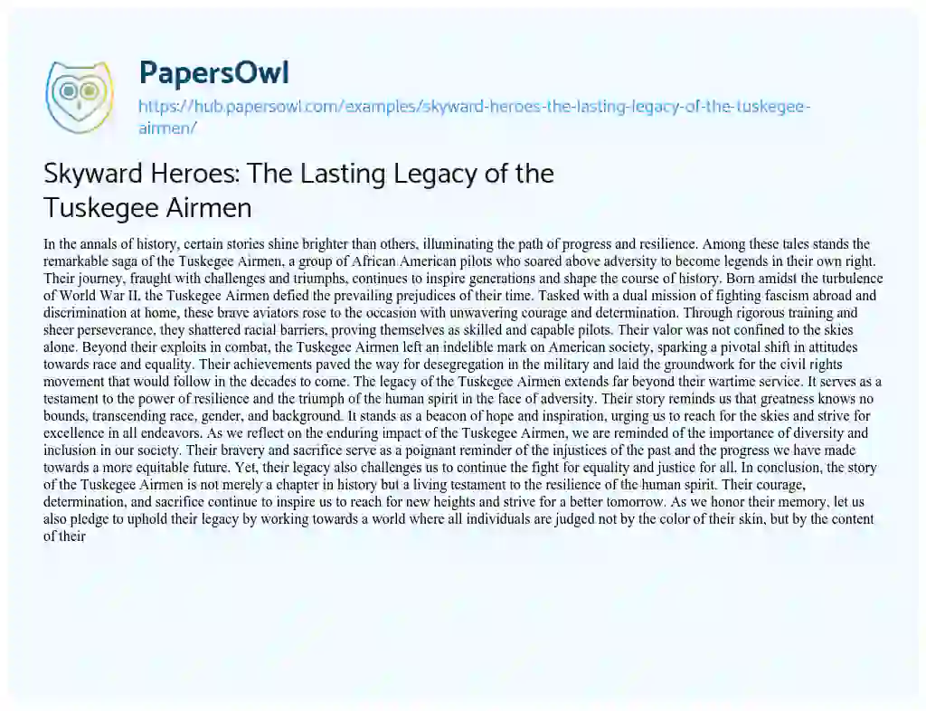 Essay on Skyward Heroes: The Lasting Legacy of the Tuskegee Airmen