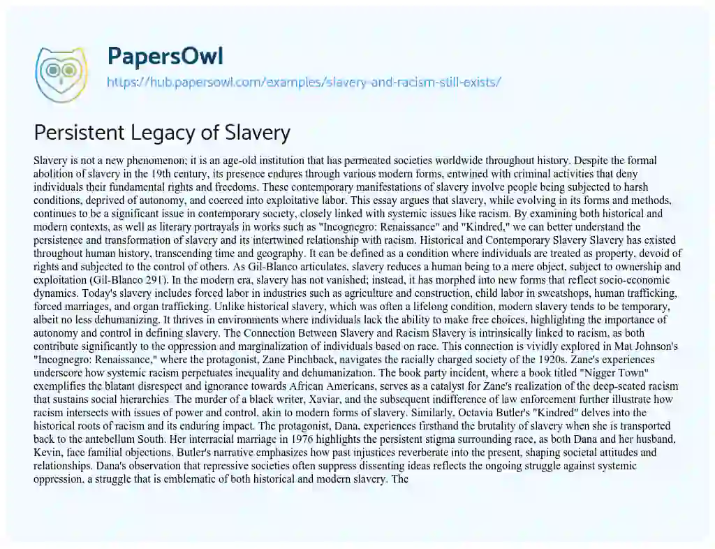 Essay on Persistent Legacy of Slavery