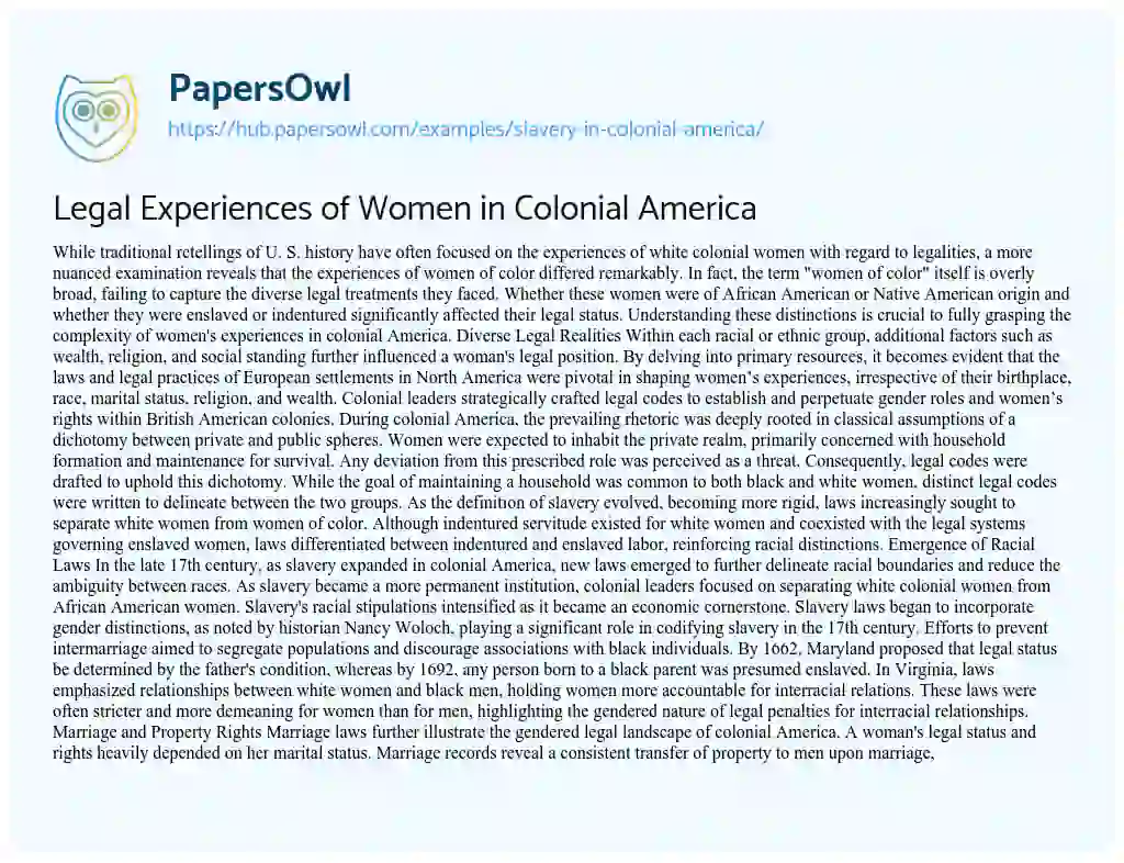 Essay on Legal Experiences of Women in Colonial America