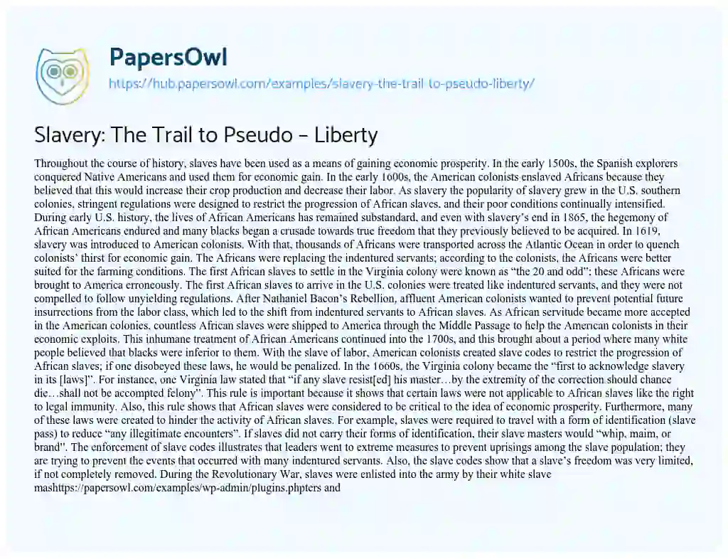 Essay on Slavery: The Trail to Pseudo – Liberty