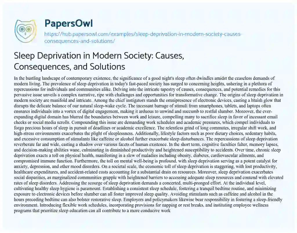Essay on Sleep Deprivation in Modern Society: Causes, Consequences, and Solutions