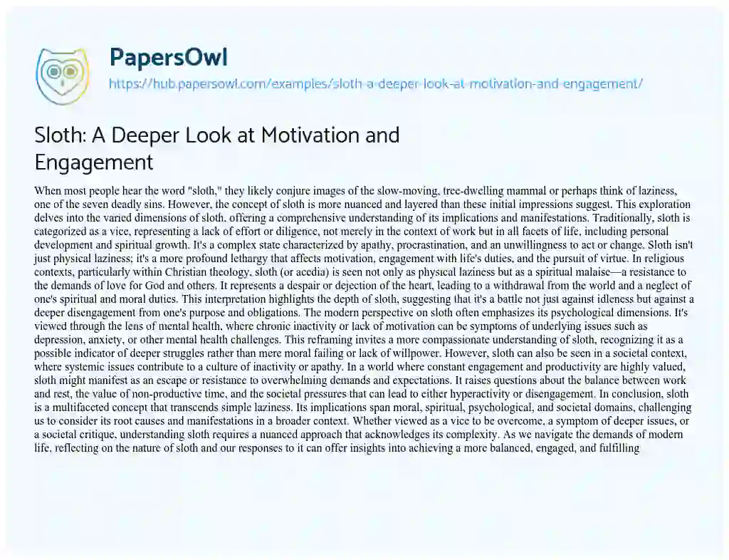 Essay on Sloth: A Deeper Look at Motivation and Engagement