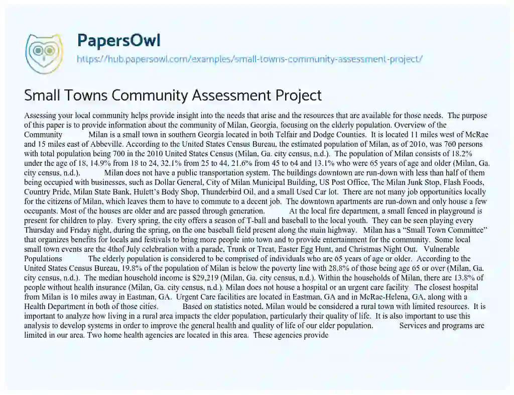 Essay on Small Towns Community Assessment Project