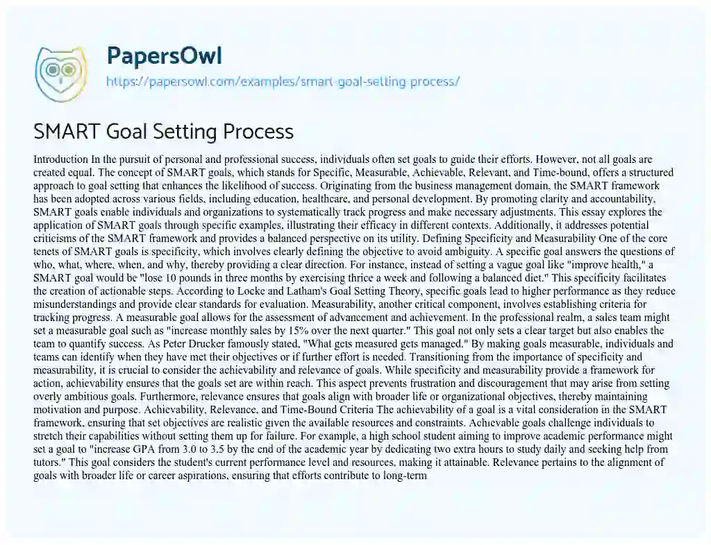 Essay on SMART Goal Setting Process
