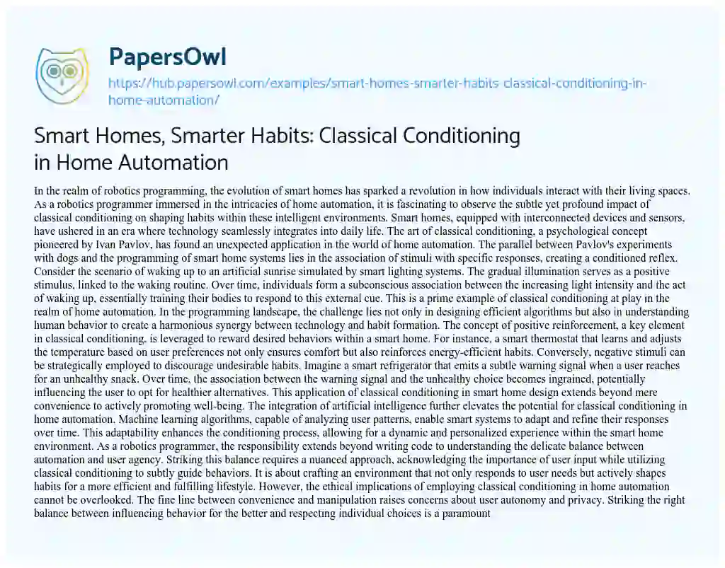 Essay on Smart Homes, Smarter Habits: Classical Conditioning in Home Automation