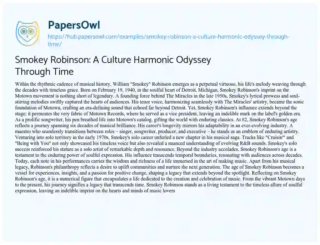 Essay on Smokey Robinson: A Culture Harmonic Odyssey Through Time