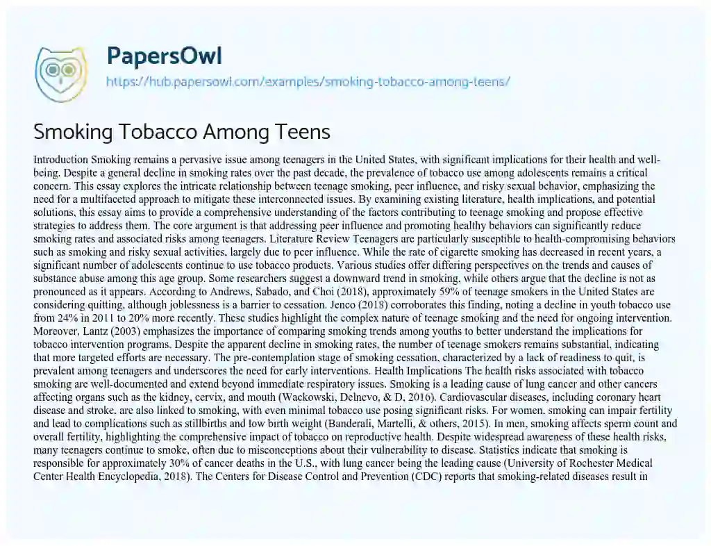 Essay on Smoking Tobacco Among Teens