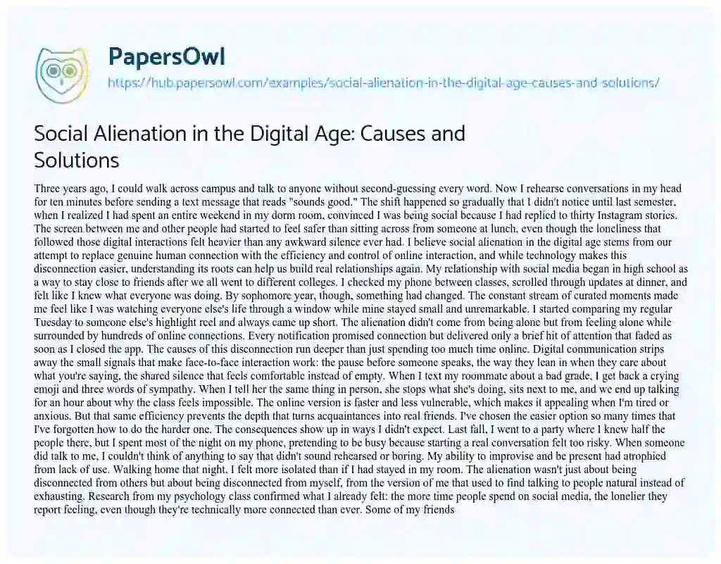 Essay on Social Alienation in the Digital Age: Causes and Solutions