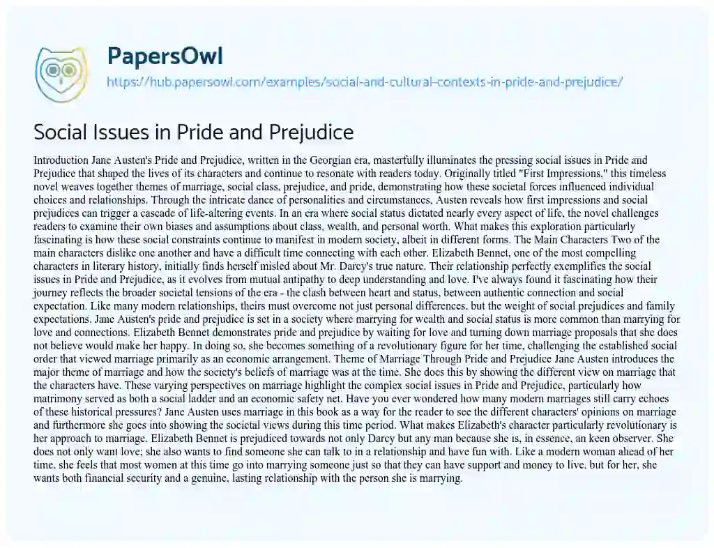Essay on Social Issues in Pride and Prejudice