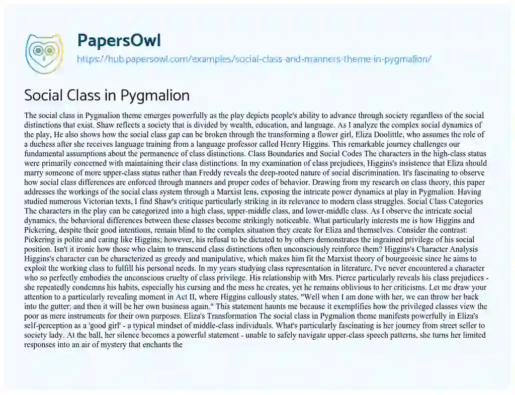 Essay on Social Class in Pygmalion