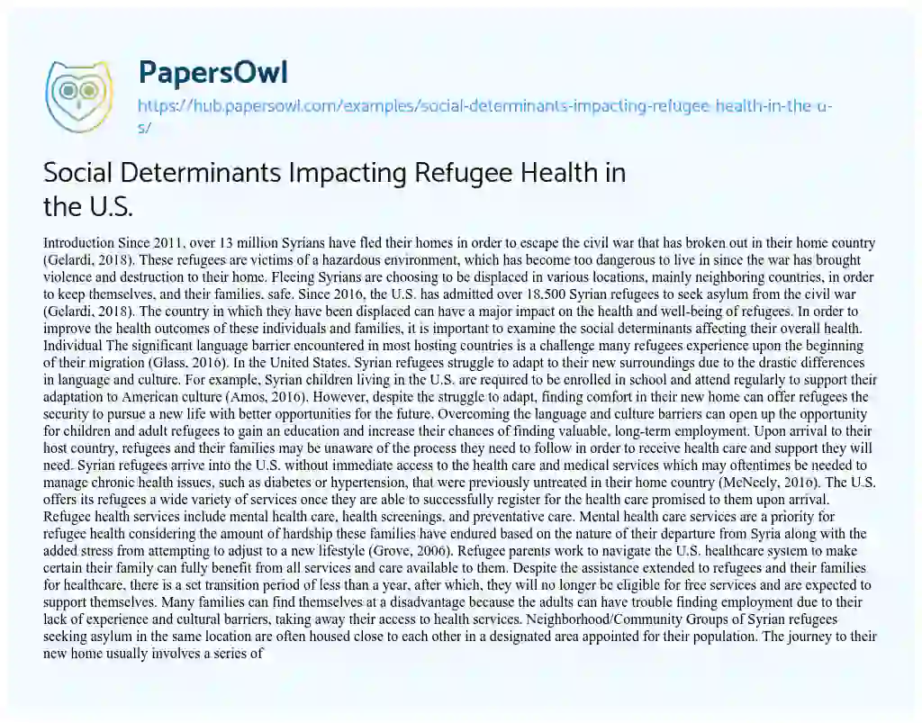Essay on Social Determinants Impacting Refugee Health in the U.S.