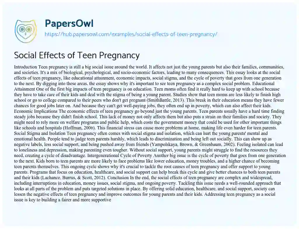 Essay on Social Effects of Teen Pregnancy