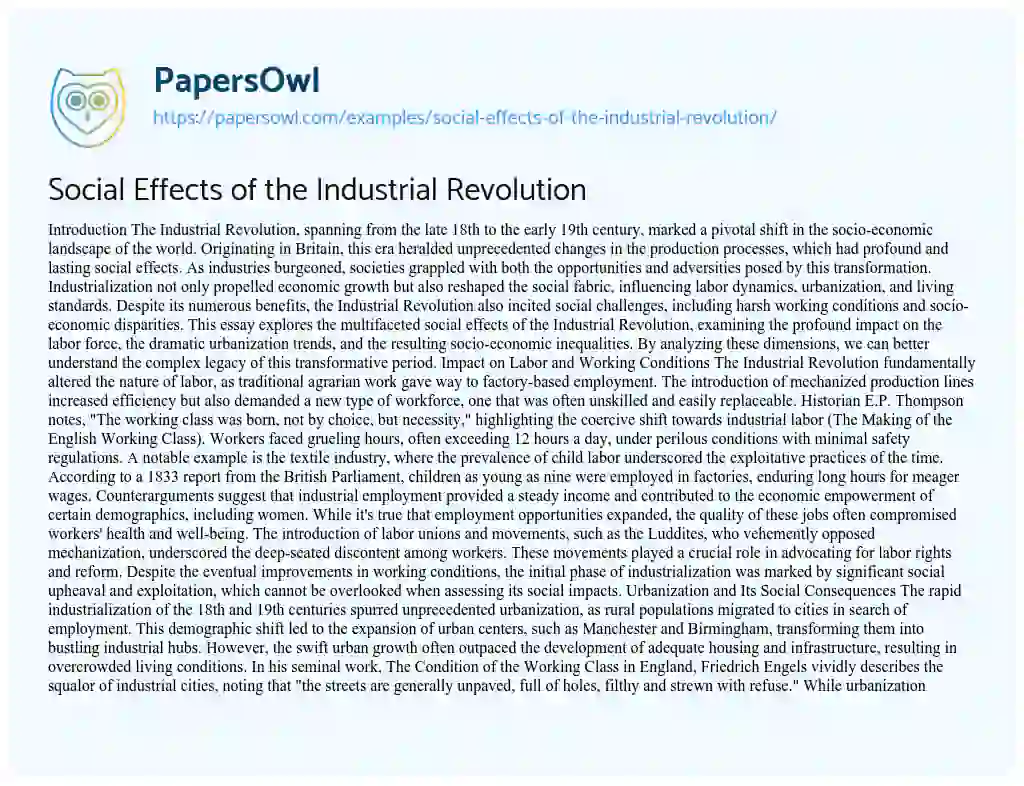 Essay on Social Effects of the Industrial Revolution