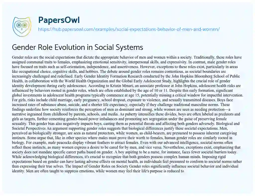 Essay on Gender Role Evolution in Social Systems