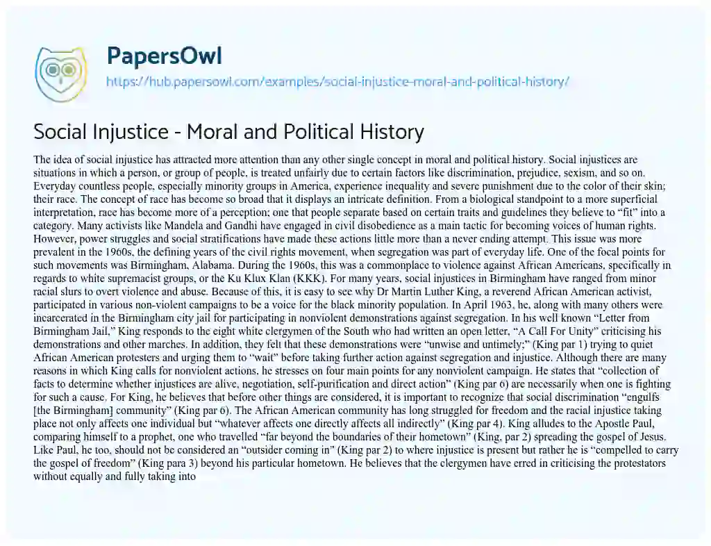 Essay on Social Injustice – Moral and Political History