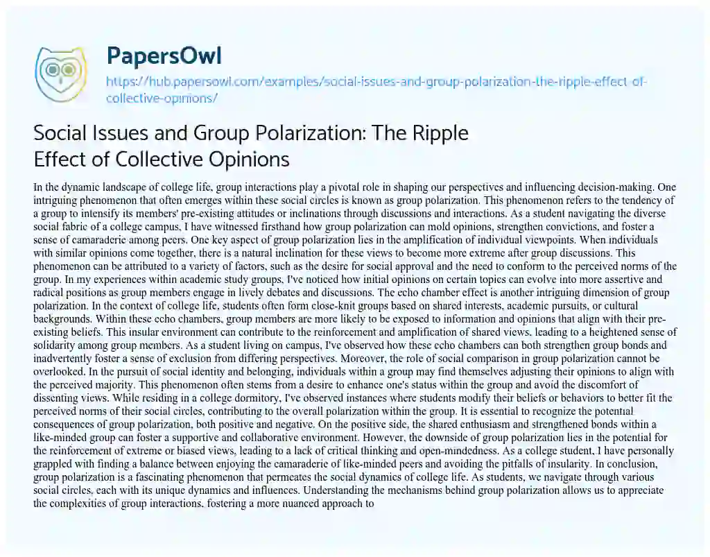 Essay on Social Issues and Group Polarization: The Ripple Effect of Collective Opinions
