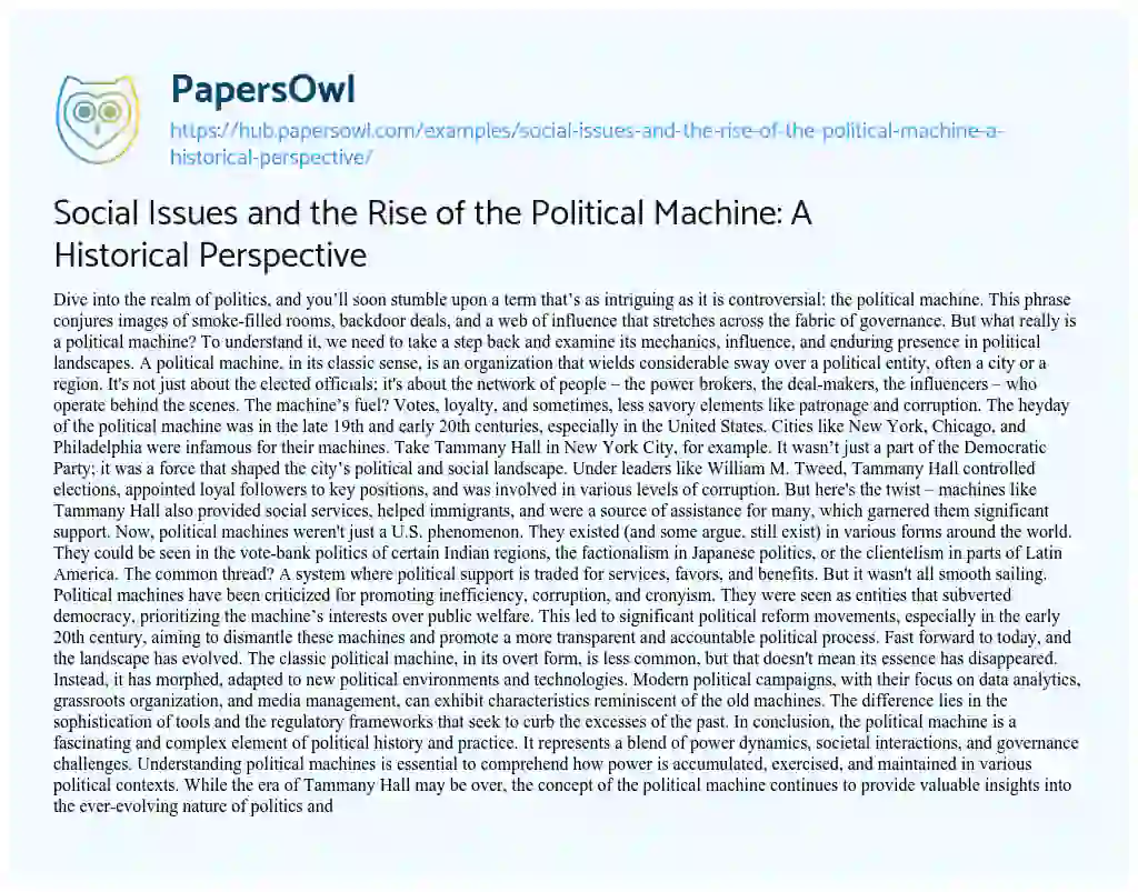 Essay on Social Issues and the Rise of the Political Machine: A Historical Perspective