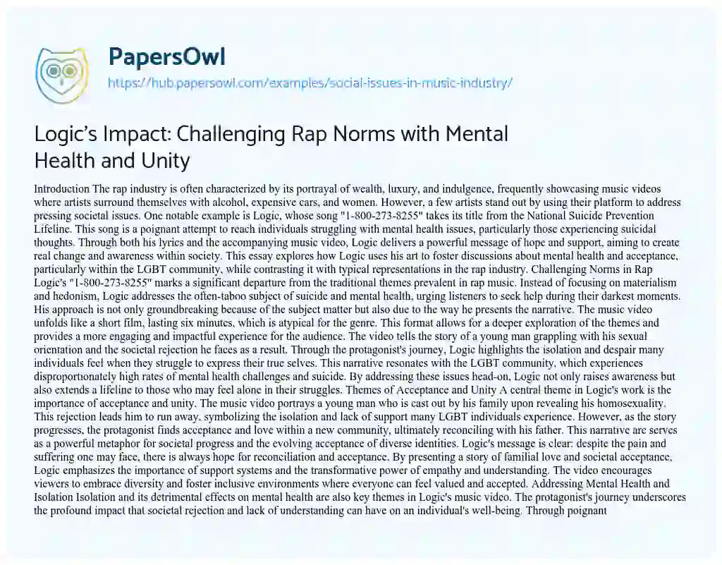 Essay on Logic’s Impact: Challenging Rap Norms with Mental Health and Unity