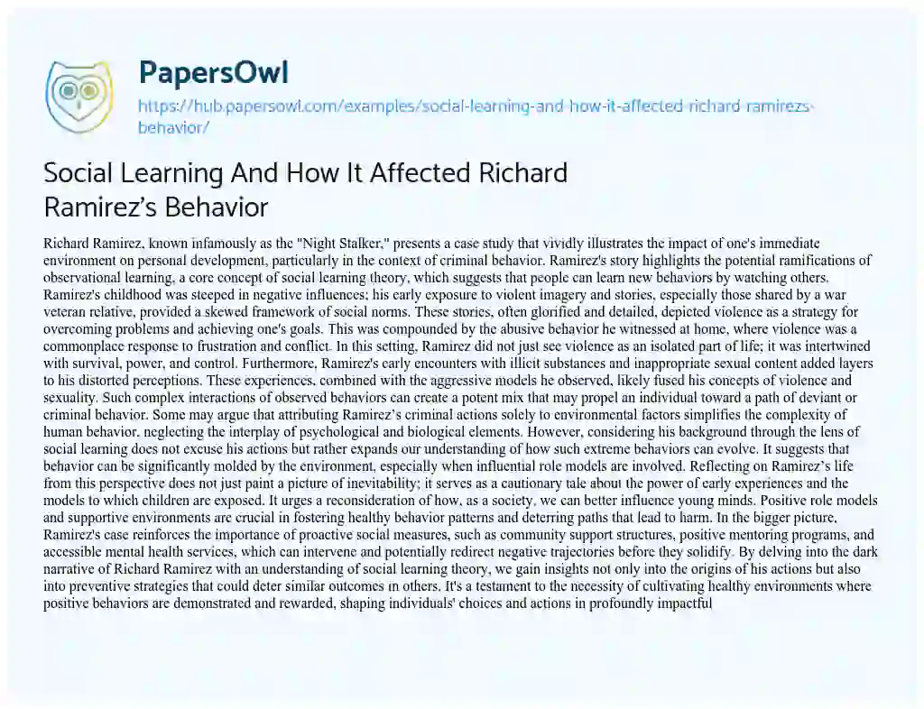 Essay on Social Learning And How It Affected Richard Ramirez’s Behavior