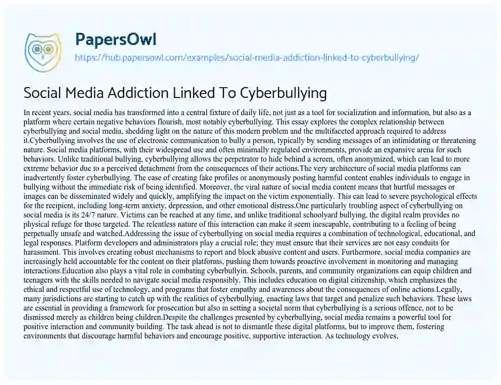 Essay on Social Media Addiction Linked To Cyberbullying