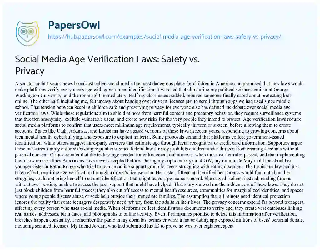 Essay on Social Media Age Verification Laws: Safety vs. Privacy