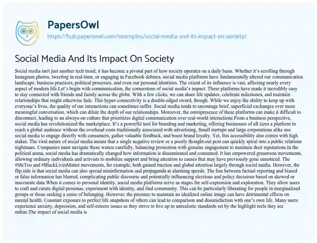 Essay on Social Media And Its Impact On Society