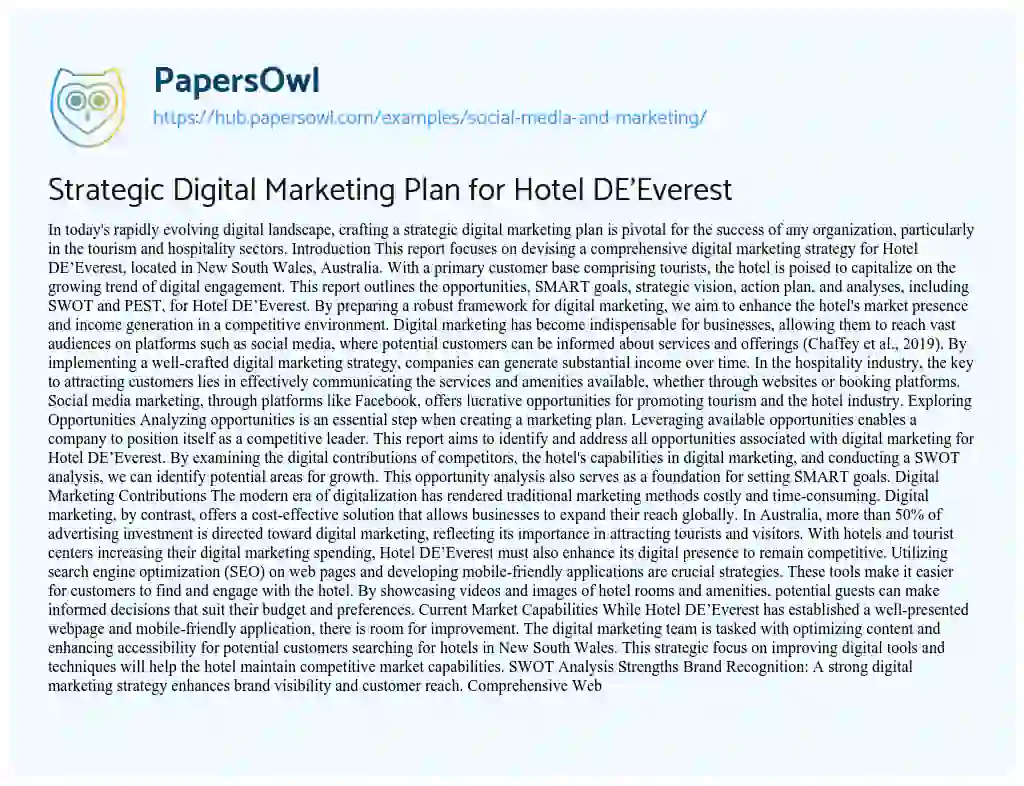 Essay on Strategic Digital Marketing Plan for Hotel DE’Everest