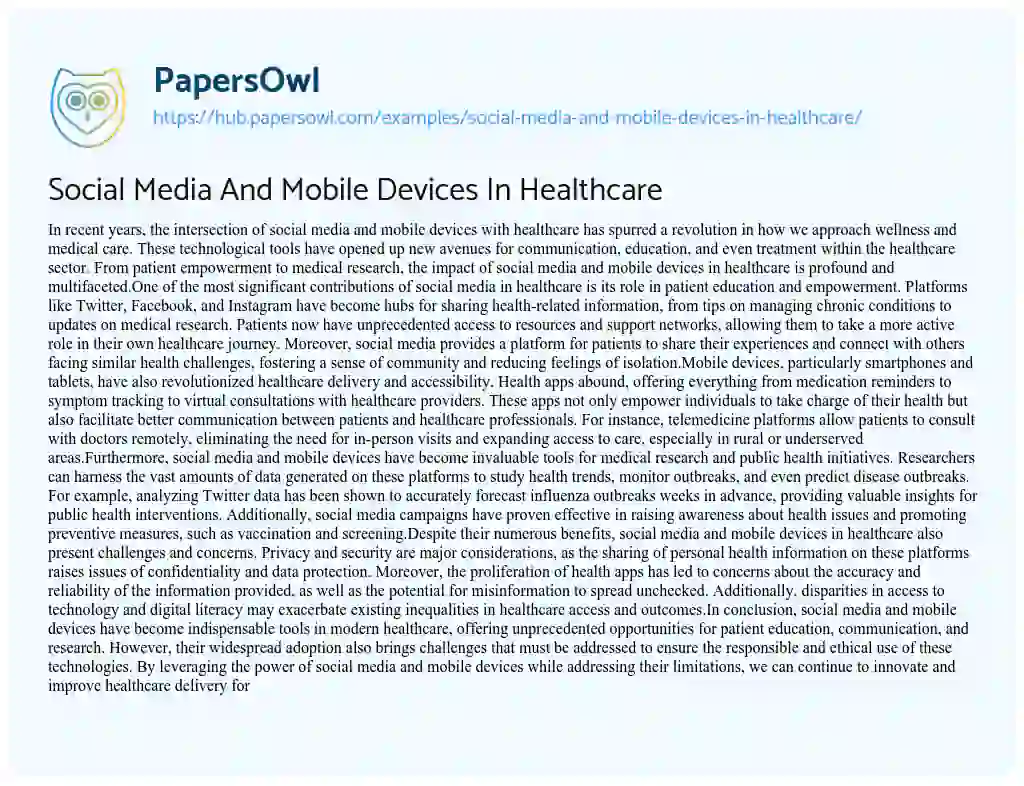 Essay on Social Media And Mobile Devices In Healthcare