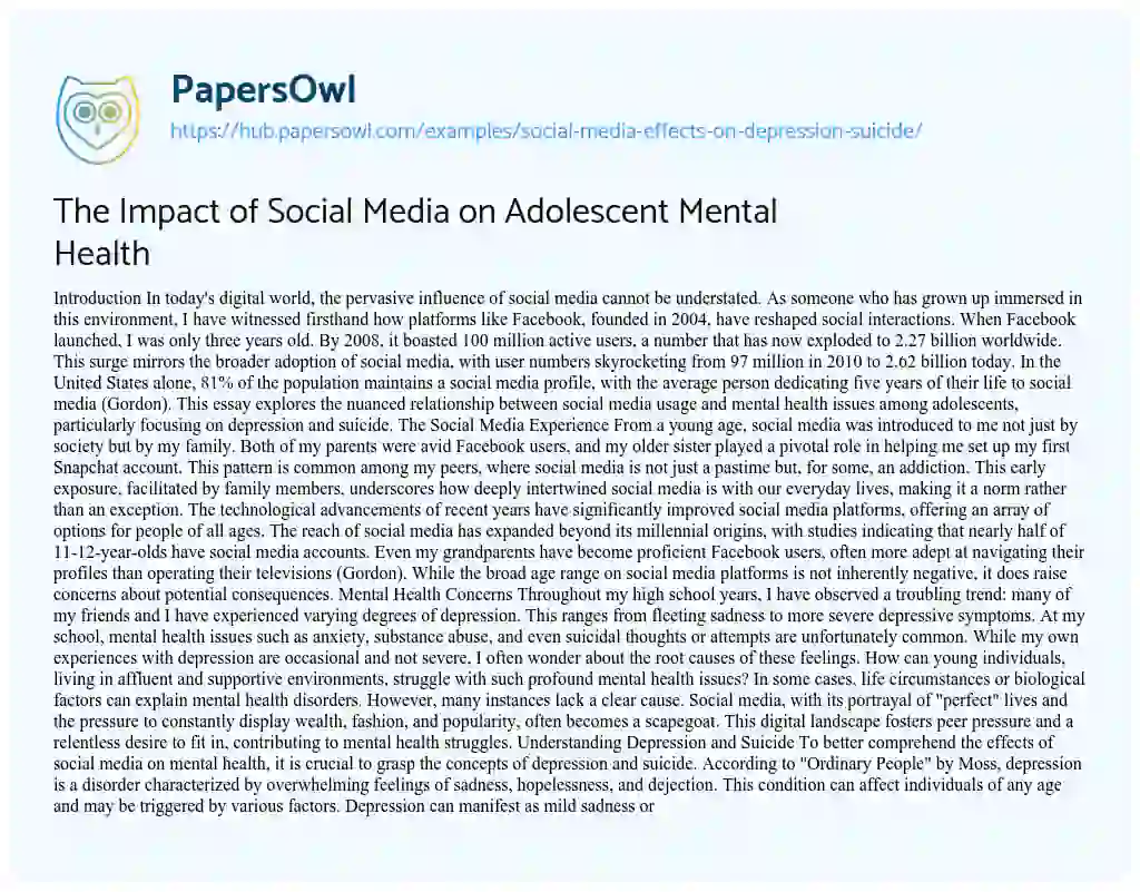 Essay on The Impact of Social Media on Adolescent Mental Health