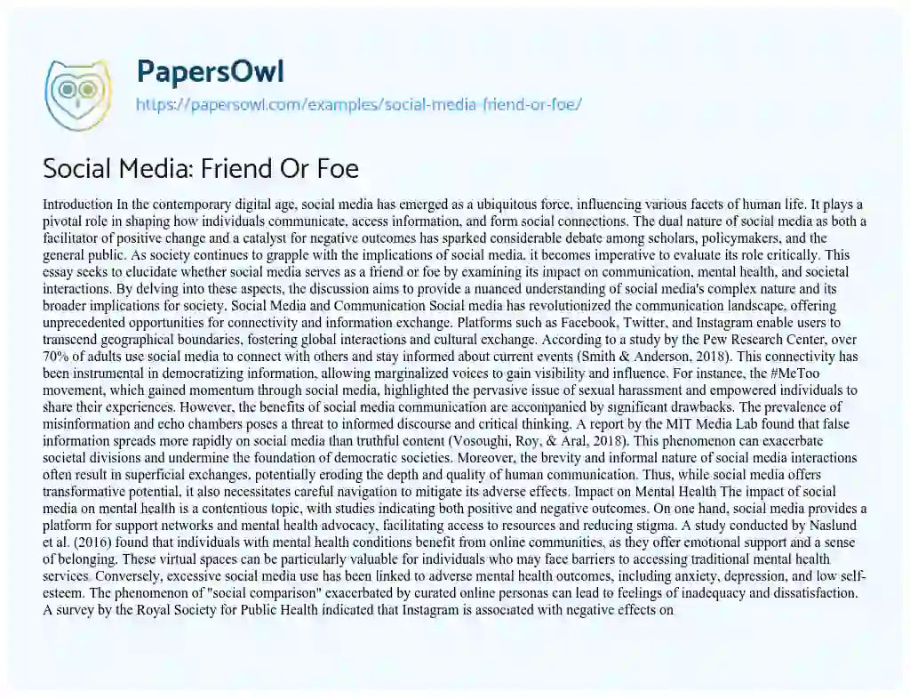 Essay on Social Media: Friend Or Foe
