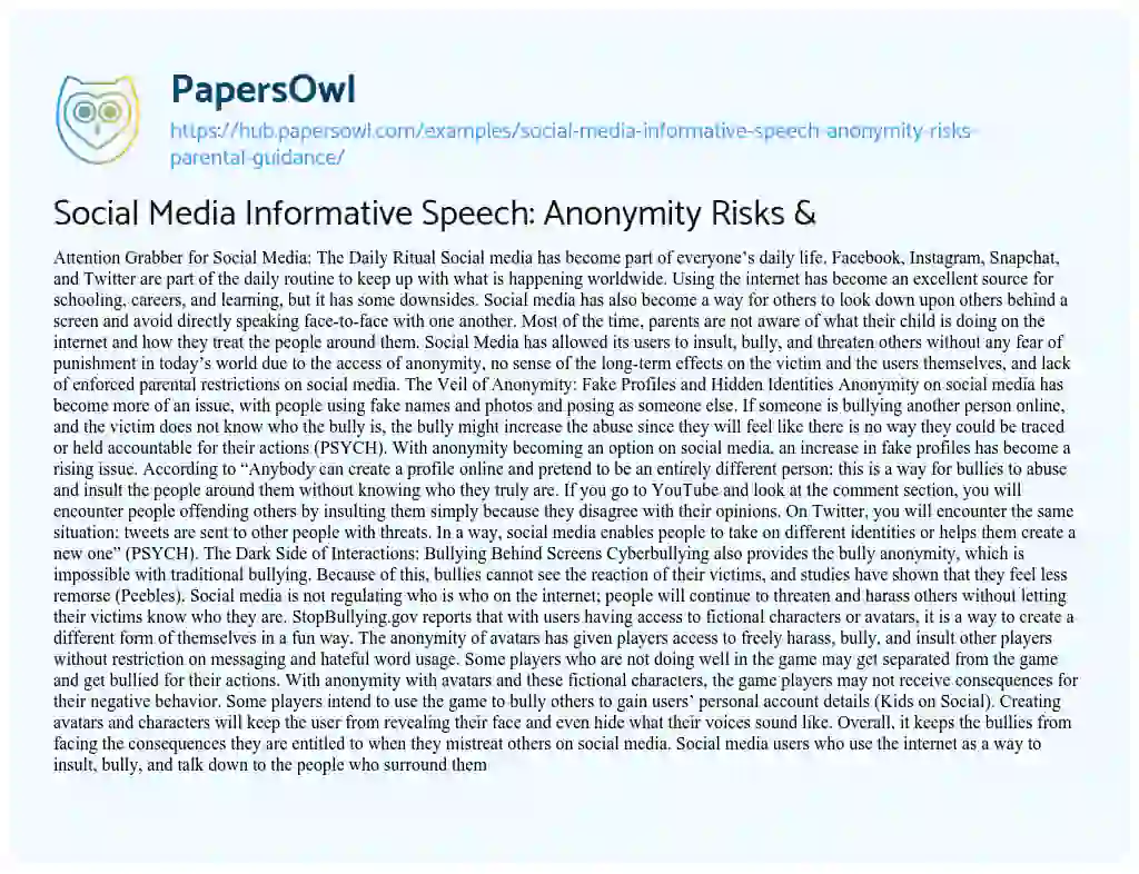 Essay on Social Media Informative Speech: Anonymity Risks & Parental Guidance