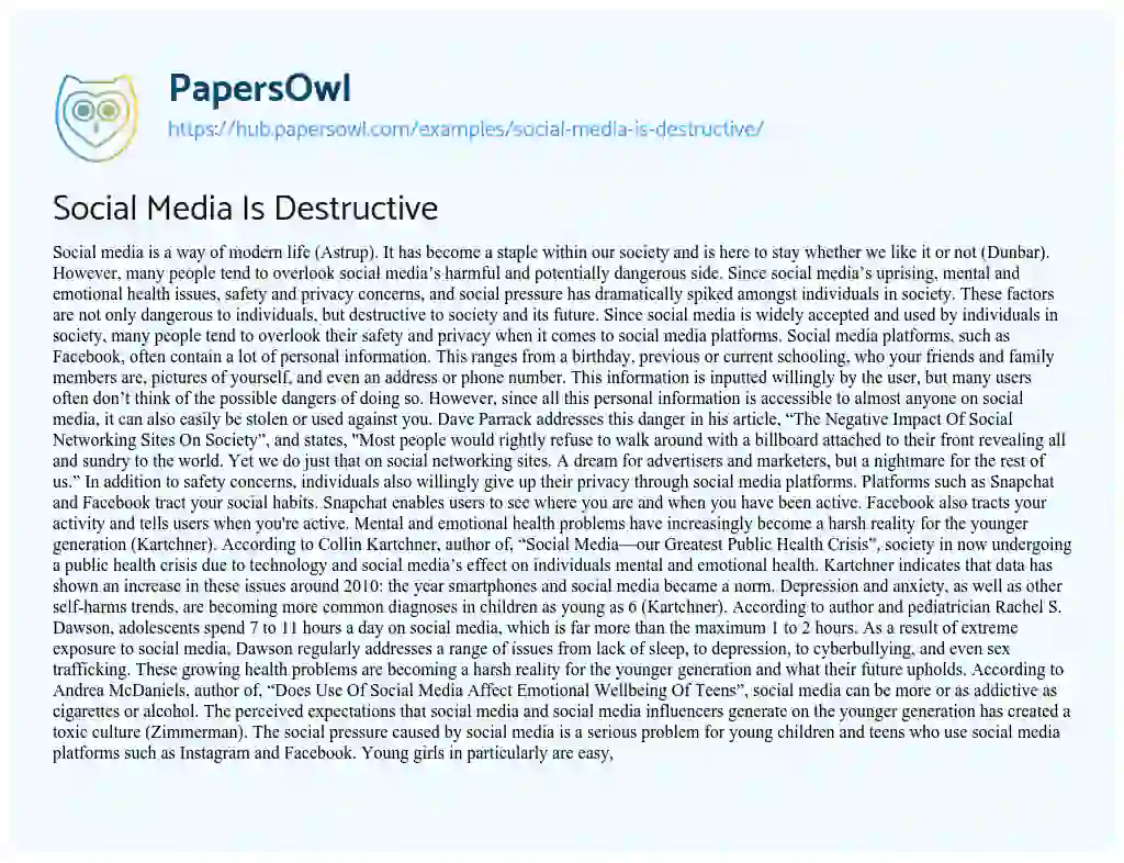 Essay on Social Media Is Destructive