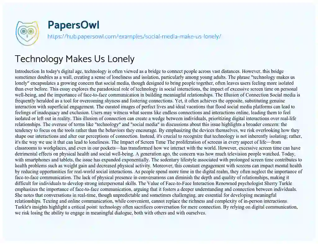 Essay on Technology Makes Us Lonely
