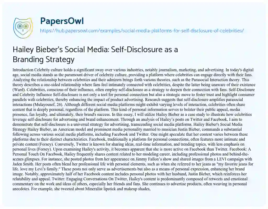 Essay on Hailey Bieber’s Social Media: Self-Disclosure as a Branding Strategy