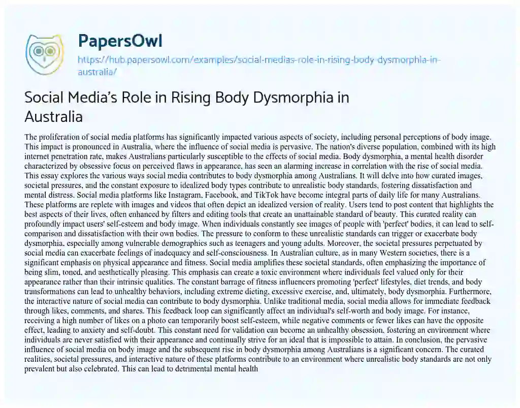 Essay on Social Media’s Role in Rising Body Dysmorphia in Australia