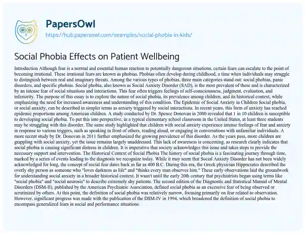 Essay on Social Phobia Effects on Patient Wellbeing