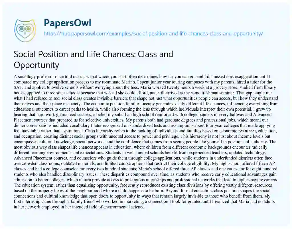 Essay on Social Position and Life Chances: Class and Opportunity