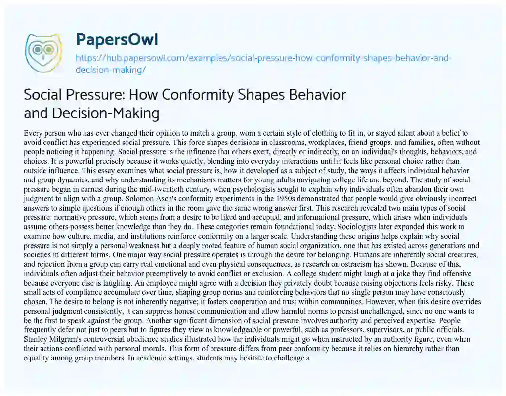 Essay on Social Pressure: How Conformity Shapes Behavior and Decision-Making