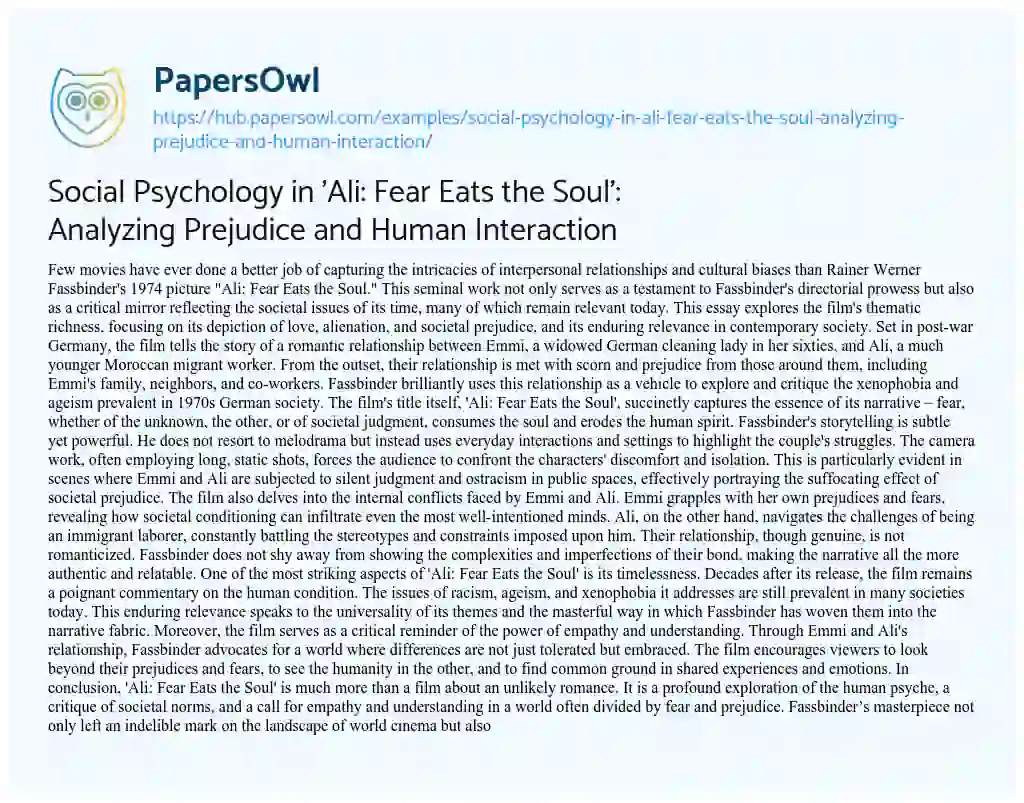 Essay on Social Psychology in ‘Ali: Fear Eats the Soul’: Analyzing Prejudice and Human Interaction
