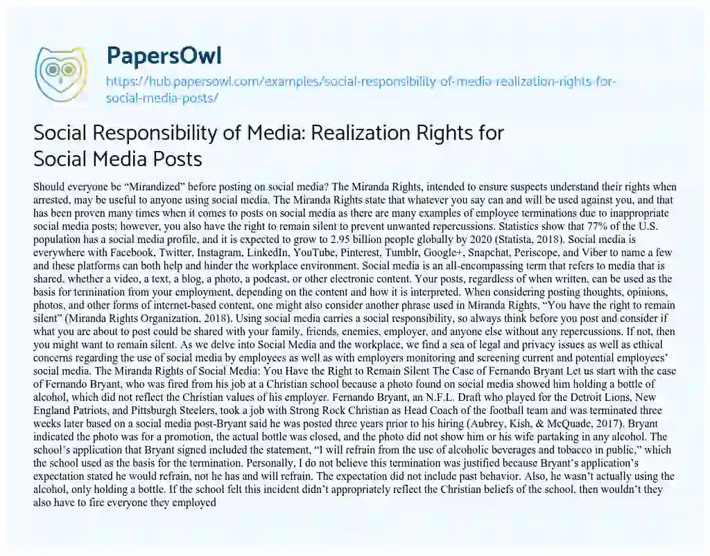 Essay on Social Responsibility of Media: Realization Rights for Social Media Posts