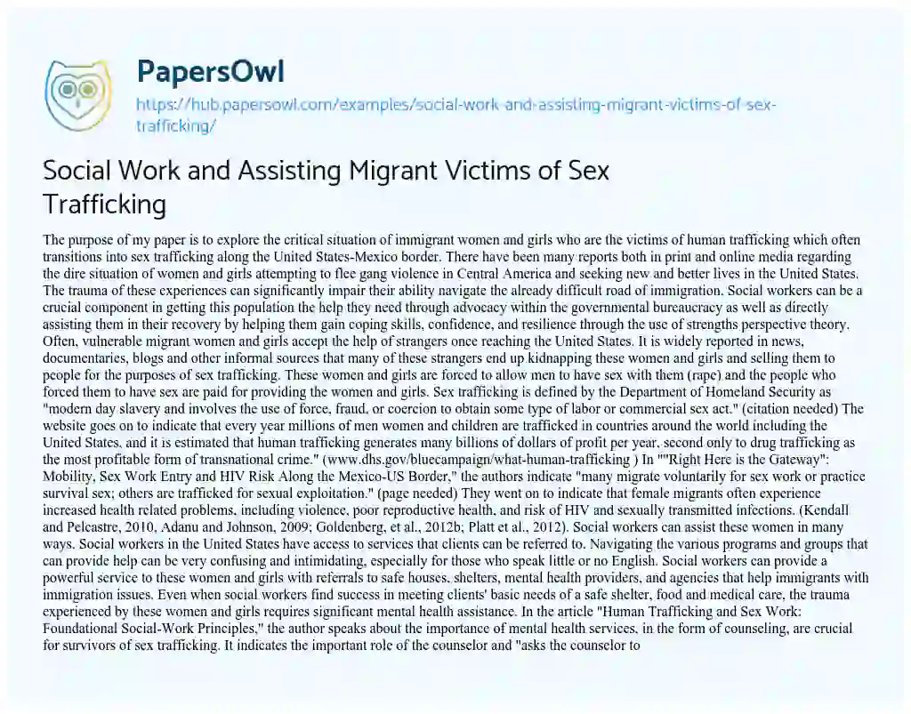 Essay on Social Work and Assisting Migrant Victims of Sex Trafficking