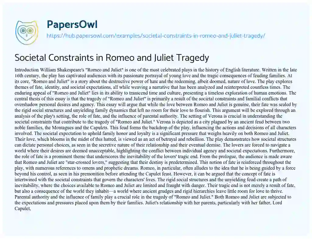 Essay on Societal Constraints in Romeo and Juliet Tragedy