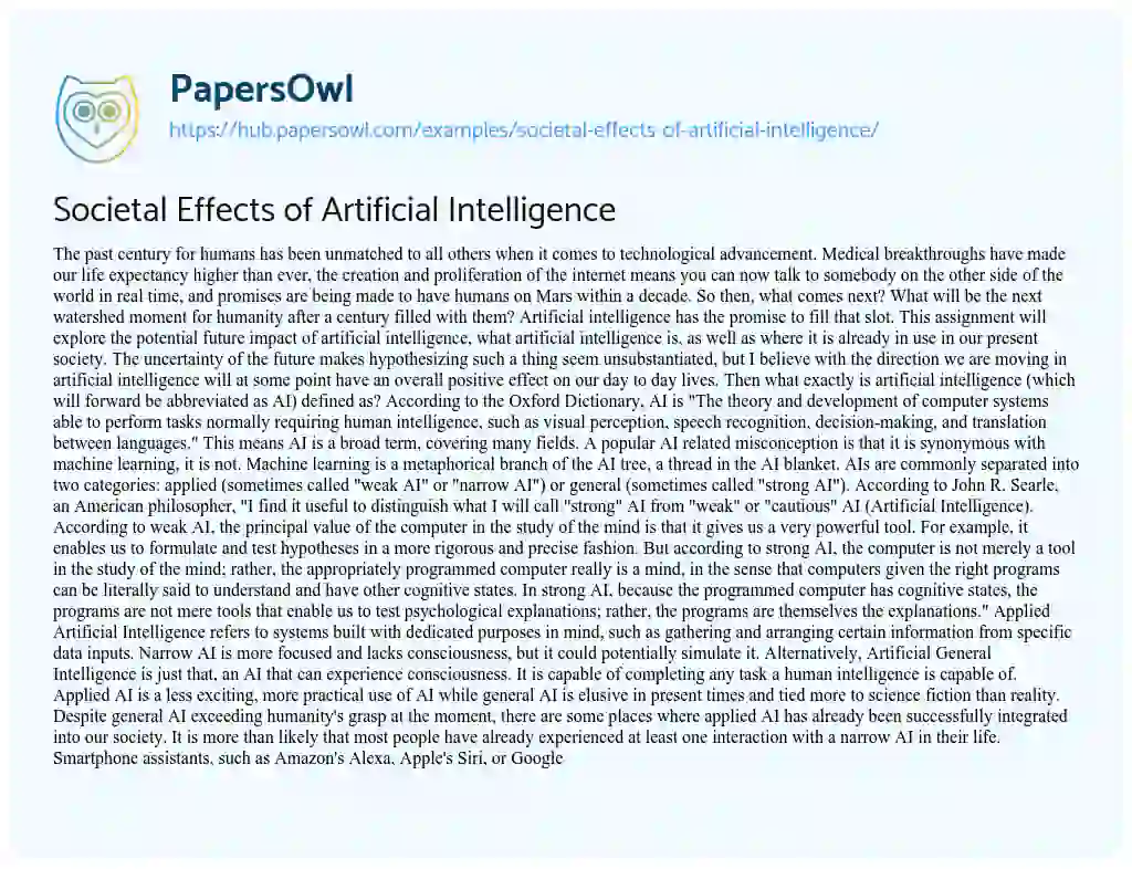 Essay on Societal Effects of Artificial Intelligence