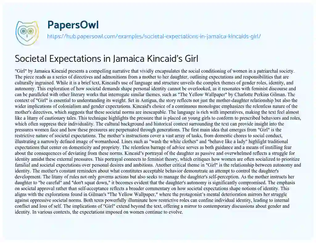 Essay on Societal Expectations in Jamaica Kincaid’s Girl