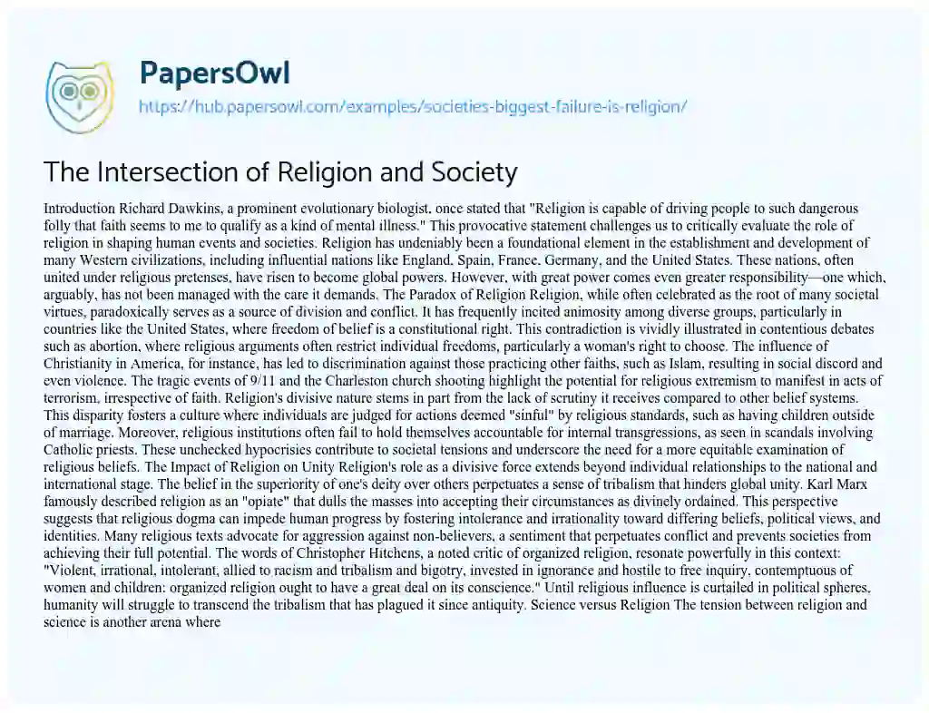 Essay on The Intersection of Religion and Society