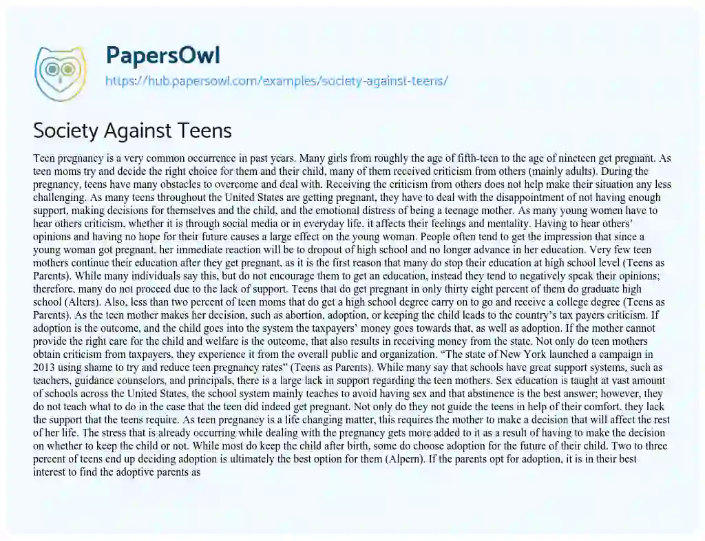 Essay on Society Against Teens