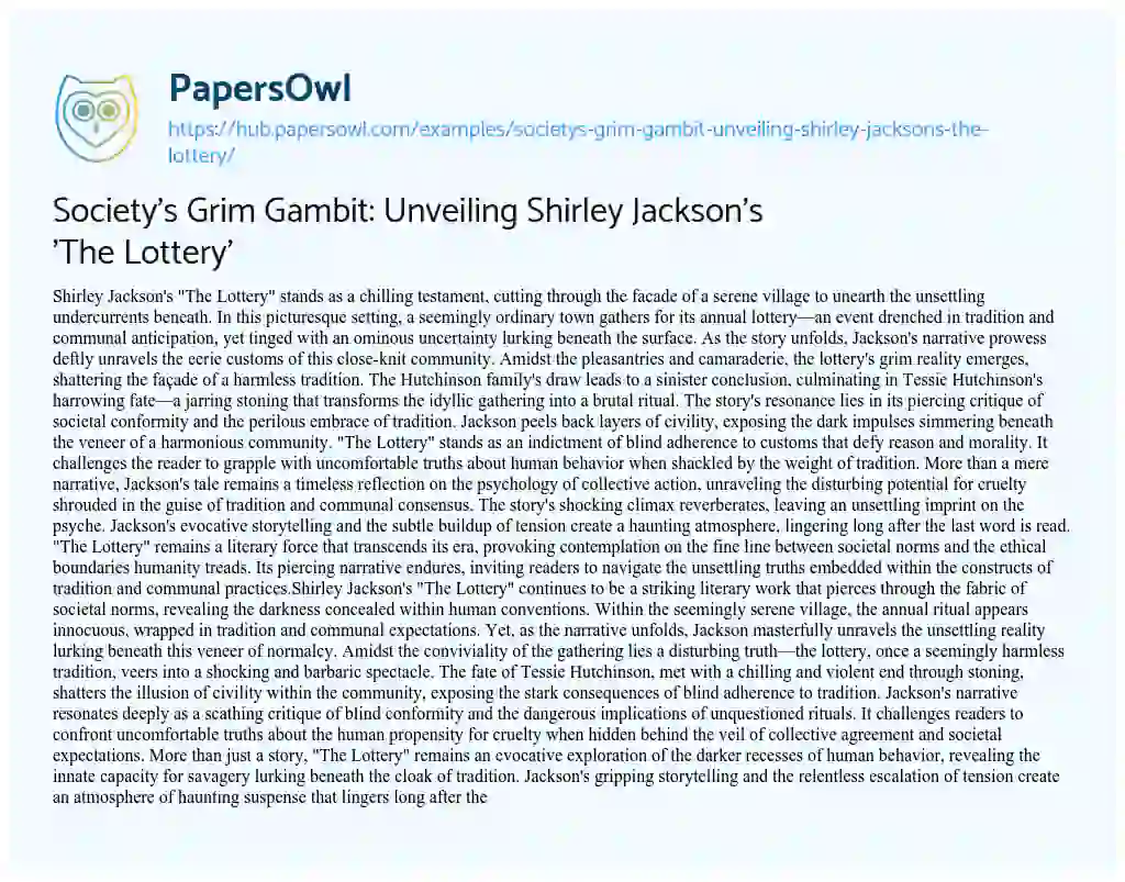Essay on Society’s Grim Gambit: Unveiling Shirley Jackson’s ‘The Lottery’