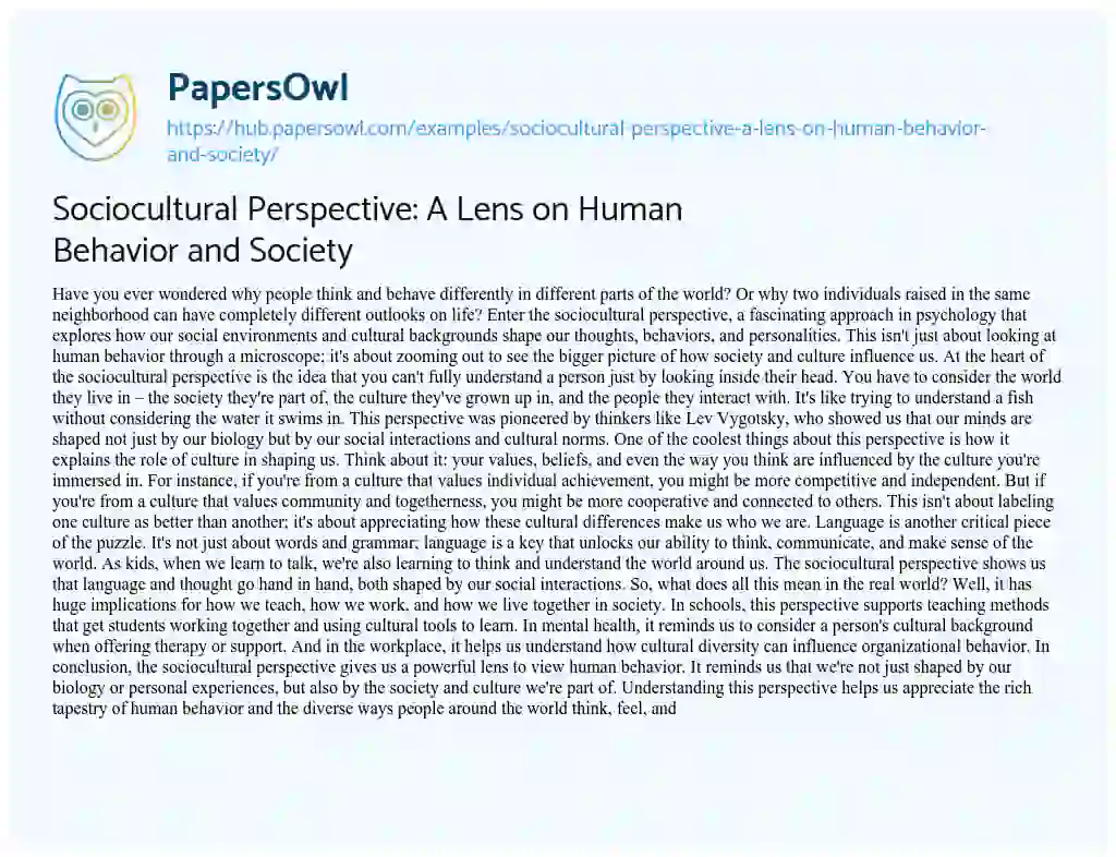 Essay on Sociocultural Perspective: A Lens on Human Behavior and Society